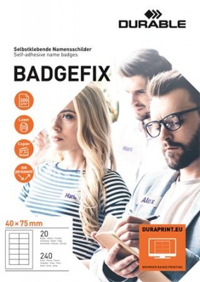 Névkitűző, textil, öntapadó, 40x75 mm, DURABLE "Badgefix", fehér