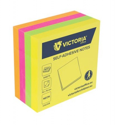 Öntapadó jegyzettömb, 75x75 mm, 400 lap, VICTORIA OFFICE, neon