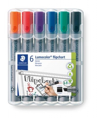 Flipchart marker készlet, 2 mm, kúpos, STAEDTLER "Lumocolor 356", 6 különböző szín